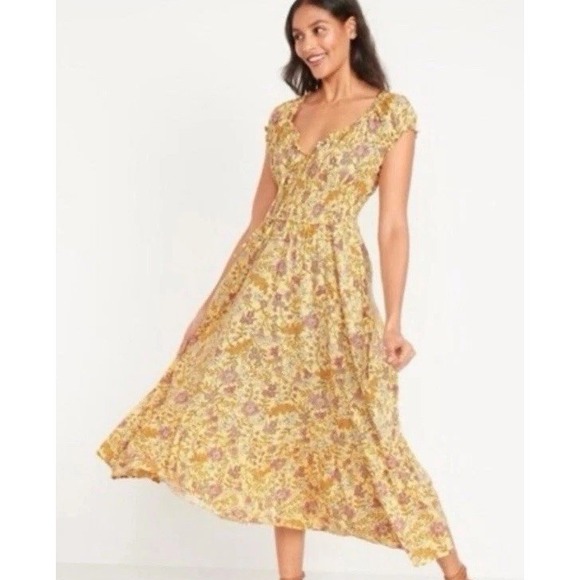 Old Navy Dresses & Skirts - Old Navy Dress XL Milkmaid Baby Doll Maxi Yellow Floral Cottagecore Boho Peasant
